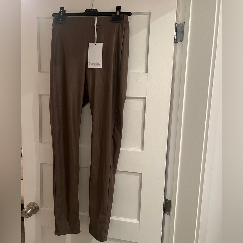 Max Mara Leisure Ranghi Coated Dark Taupe Leather Looking Leggings